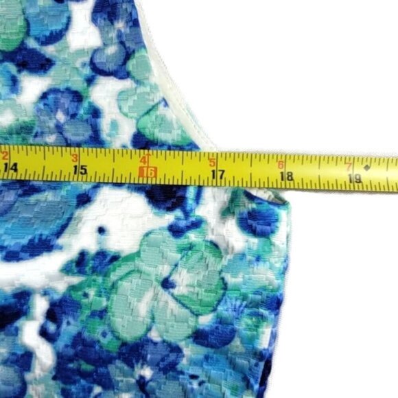 Tahari ASL Dress Size 8P White Blue Floral Sleeveless Box Pleat Pockets Textured - Picture 9 of 10